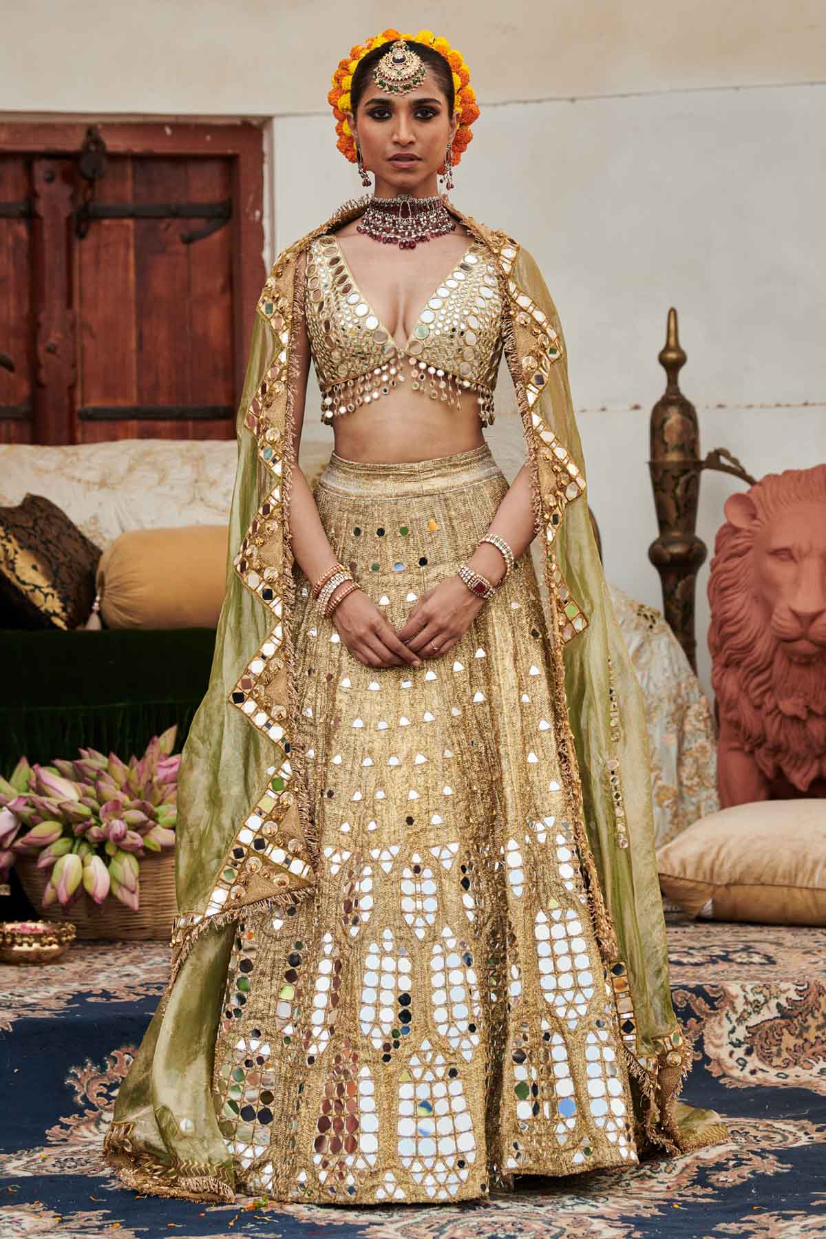Buy ITRH, Designer Gold Deep V-Neck Lehenga Set Online